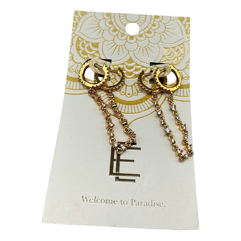 Erum Gold Tone CZ Dangle Chain Huggie Hoop Earrings